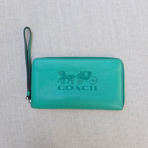 Coach Green Embossed Studded Embellished Zip Around Fan Out Wallet - Picture 1 of 7